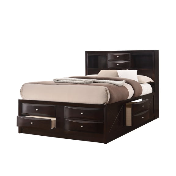 Contemporary Solid Wood Queen Bedroom Platform Bed With Bookcase Headboard And Storage Choices, Cherry Finish Drawers In Finish,