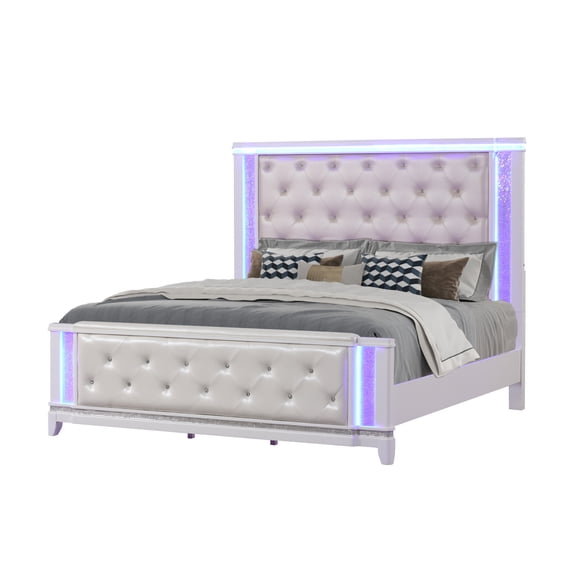 Contemporary Sparkling King Bed In Milky White With A Lighted Headboard And Style Size White, Featuring Modern