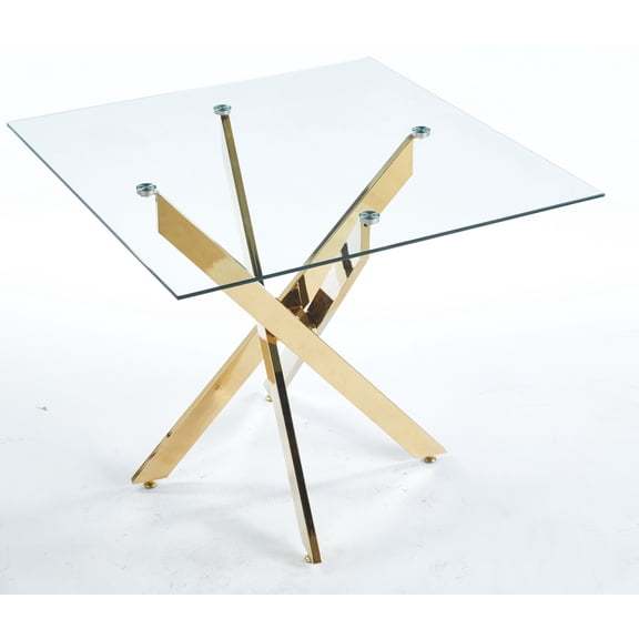 Contemporary Square Kitchen Dining Table with Cross Metal Leg&Tempered Glass Top