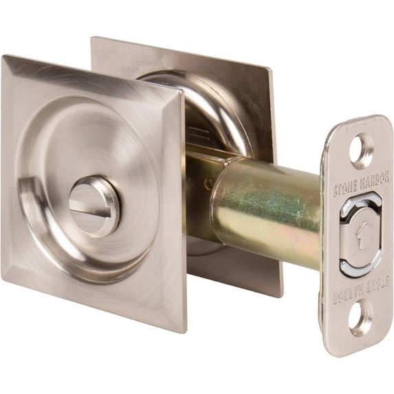 Contemporary Square Pocket Door Lock, Privacy (Bed/Bath) Latch, 2-3/4" Backset, RCL, Satin Nickel by Stone Harbor Hardware