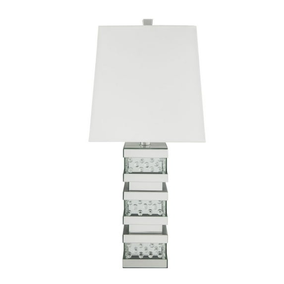Contemporary Square Table Lamp with Pedestal Mirrored Base, White and Clear - Saltoro Sherpi