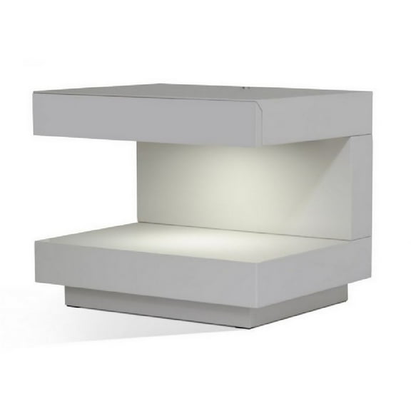 Contemporary Squared C Shaped Wooden Nightstand with LED Light, Gray