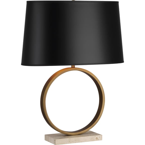 Contemporary Stacked Geometry Table Lamp - Aged Brass & Travertine Stone Base with Black Parchment Shade | 24.5 Inch Elegant Lighting Fixture