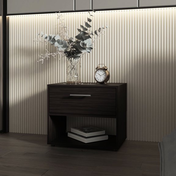 Contemporary Stained Walnut Nightstand - Round Rock Planning Modern Bedside Table Compartment
