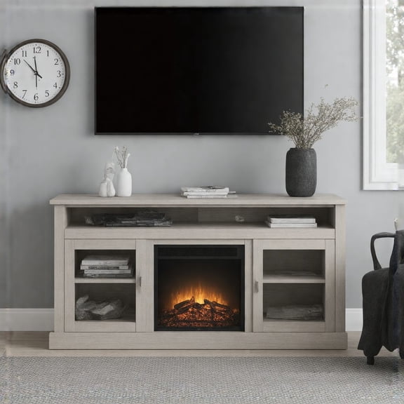 Contemporary Stone Gray TV Media Stand with Fireplace - Up to 65" TV