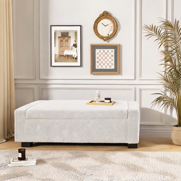 Contemporary Storage Ottoman Bench 50-Inch Rectangular Hidden Storage Beige-Toned Boucle Fabric