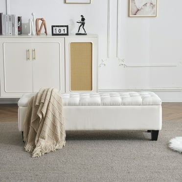 Contemporary Storage Ottoman Bench with Button Tufting, Diamond Stitch, Wood Frame, White