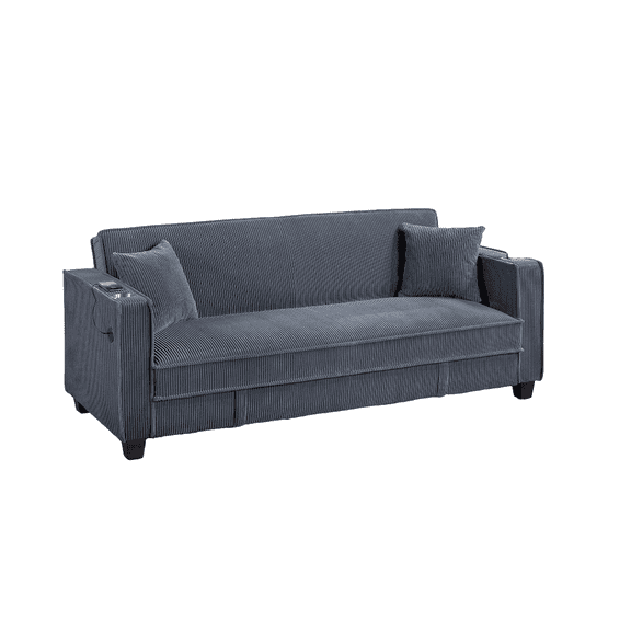 Contemporary Style 1pc Convertible Sofa Square Arms Built In Cup Holders Hidden Storage Matching Throw Pillow USB Port Dark Gray Finish Primary Living Room