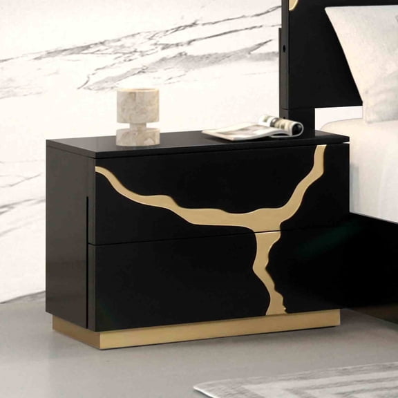 Contemporary Style 1pc Nightstand Gold Paint Pattern French And English Dovetail Drawers Black And Gold Finish Bedroom Furniture