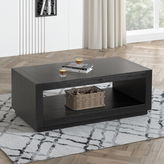 Contemporary Style 3pc Table Set 1x Coffee Table 2x End Table Open Bottom Shelf Plinth Base Black Finish Primary Living Room