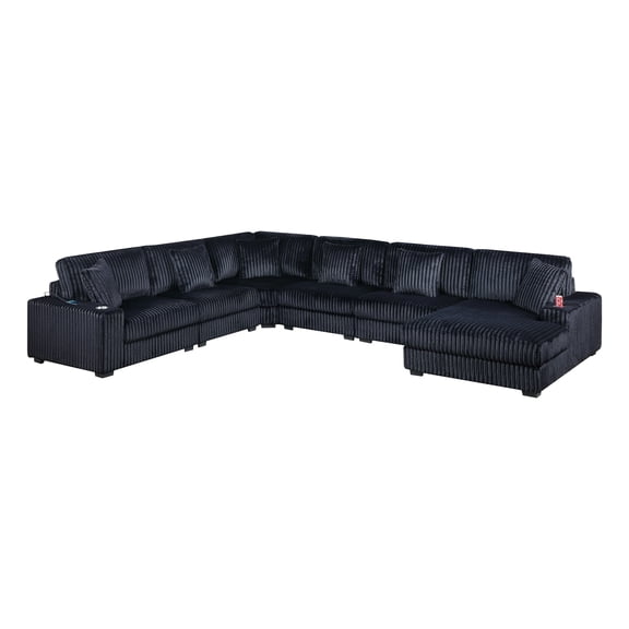 Contemporary Style 6-PC Modular Sectional Sofa Set Black Finish Corduroy Upholstered Living Room Plush Sofa Chaise Couch