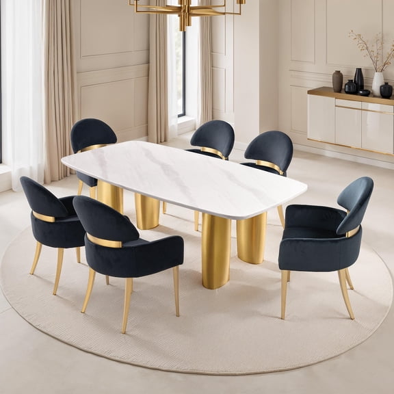 Contemporary Style 7pc Dining Table Set Soft Corner Stone Top Upholstered Chairs Black White And Matte Gold Finish Dining Room Furniture
