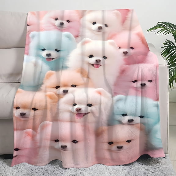 Contemporary Style All-Season Flannel Throw Blanket with High-Definition Digital Print Cute Pomeranian Dog Pattern - Soft, Warm Multipurpose Knit Flannel Blanket