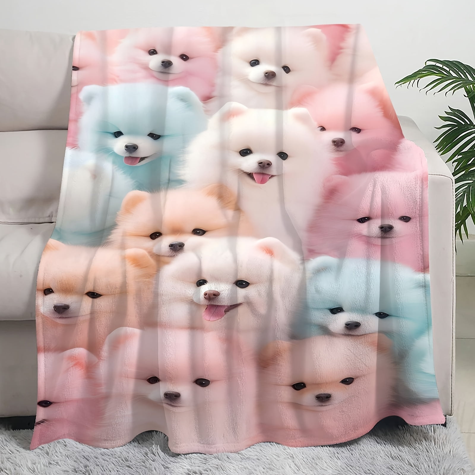 Contemporary Style All-Season Flannel Throw Blanket with High-Definition Digital Print Cute Pomeranian Dog Pattern Soft Warm Knit Flannel Blanket