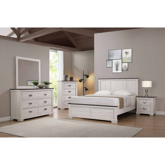 Contemporary Style Antique White Brown Finish 4pc King Size Panel Bed Set Wooden Bedroom Furniture