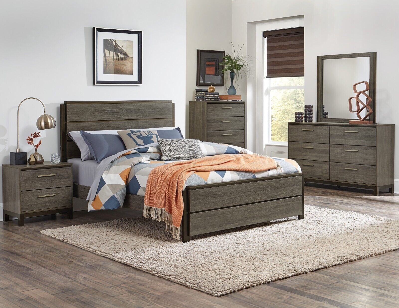 Contemporary Style Bedroom Set 5pc King Panel Bed 2x Nightstands Dresser  Mirror Antique Gray and Dark Brown Furniture - Walmart.com, image size:1600x1236