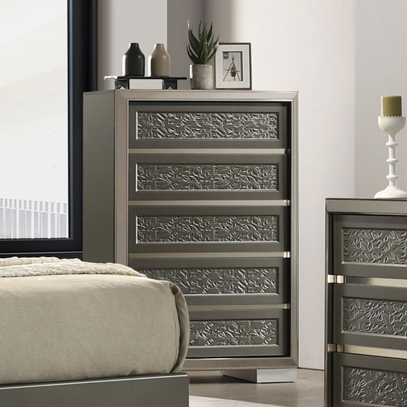 Contemporary Style Chest 1pc 5-Drawers Bracket Feet Leaf Pattern Felt Lined Top Drawers Dark Gray Finish