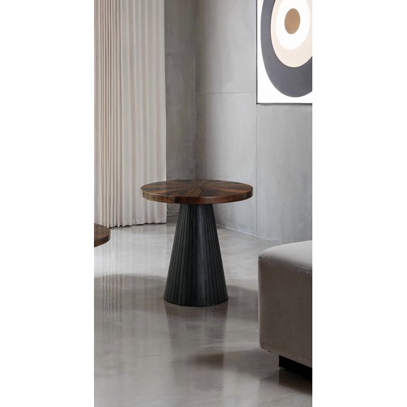 Contemporary Style End Table Parquet Pattern Top Drum Base Black Finish Primary Living Room