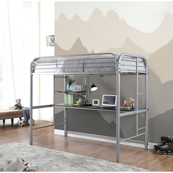 Contemporary Style Full Metal Construction Silver Finish Twin Loft Bed Attached Ladder Under Bed Shelves And Workstation With Top Guard Rails