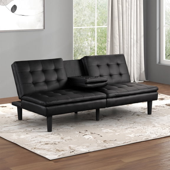 Contemporary Style Futon Sofa Bed Black Finish Built In USB Chargers Biscuit Tufting Seat And Back Back Seat Drop Down Table With Cup Holder Easily Convert To Bed