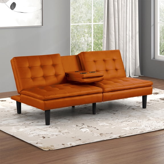 Contemporary Style Futon Sofa Bed Built In USB Chargers Biscuit Tufting Seat And Back Back Seat Drop Down Table With Cup Holder Easily Convert To Bed Orange Finish