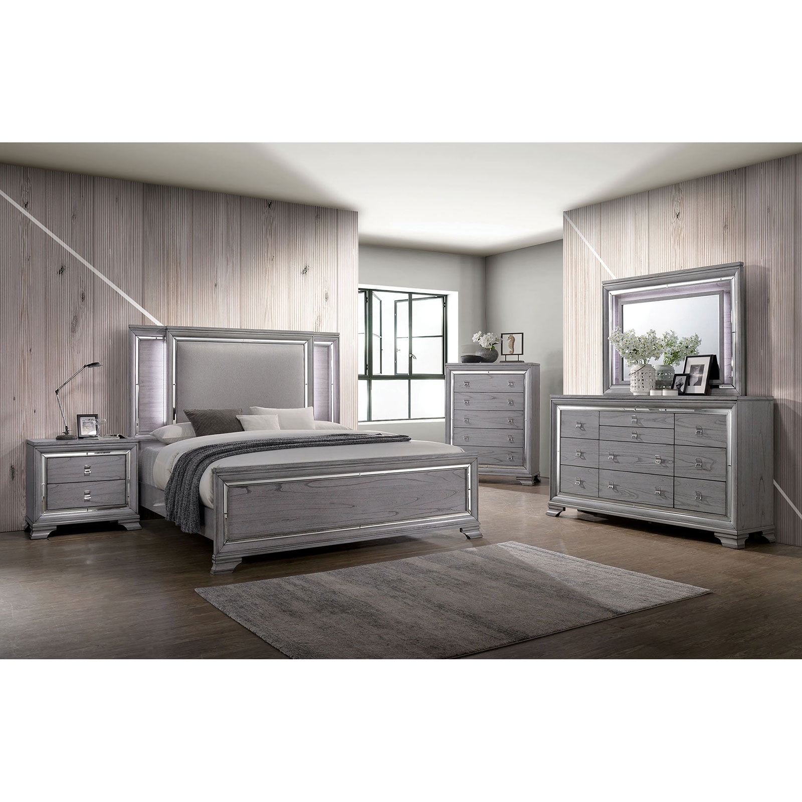 Contemporary Style Gray Color Finish Fabric Bedroom Furniture 4pc Queen Size Set Solid wood Dresser Nightstand Mirror