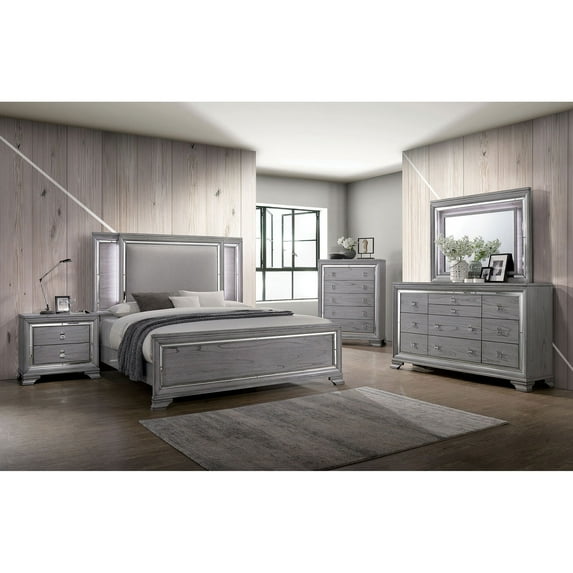 Contemporary Style Gray Color Finish Fabric Bedroom Furniture 4pc Queen Size Set Solid wood Dresser Nightstand Mirror