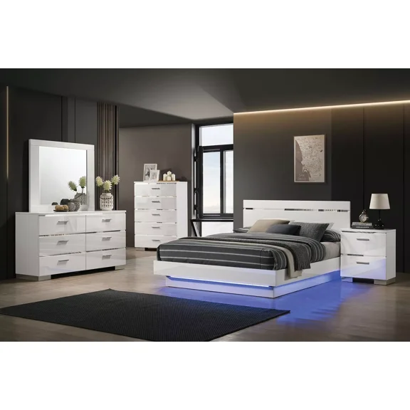 Contemporary Style King Size Bed W LED Bedroom 6pc Set 2x Nightstands Chest Dresser Mirror White Finish High Lacquer Coating