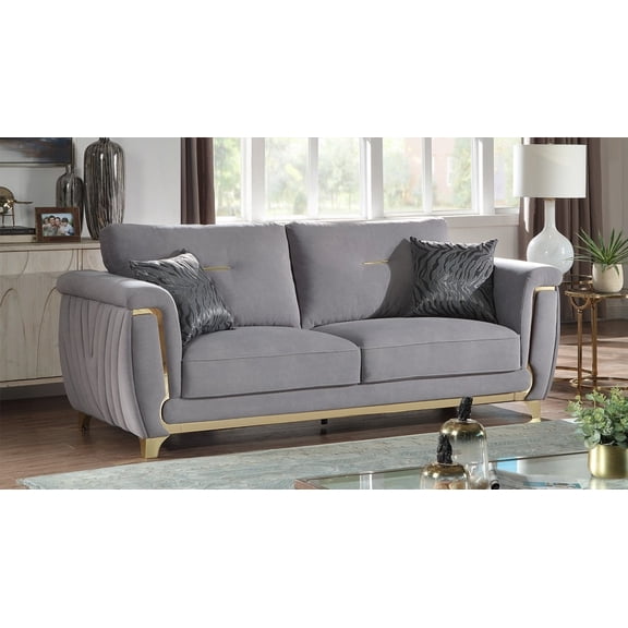 Contemporary Style Leena Sofa Made of Wood and Featuring Gold Accents in Gray