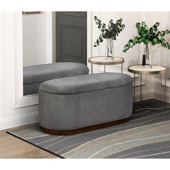 Contemporary Style Lift Top Storage Bench In Soft Gray Corduroy Cozy Foam Cushioned Modern