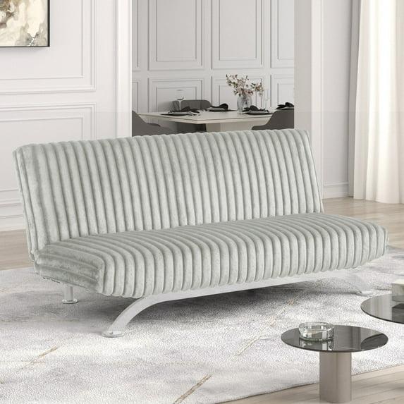 Contemporary Style Light Gray Finish Futon Sofa Bed Convert Into Bed With Extra Support Leg Chrome Finish Metal Base Legs