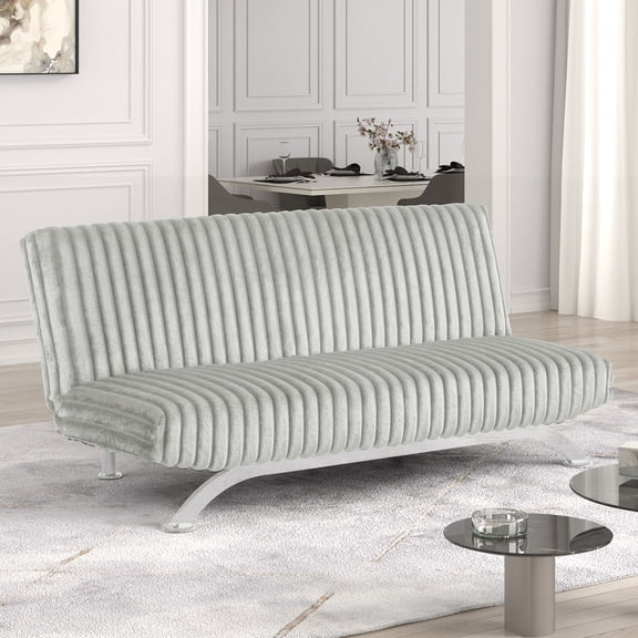 Contemporary Style Light Gray Finish Futon Sofa Bed Convert Into Bed With Extra Support Leg Chrome Finish Metal Base Legs