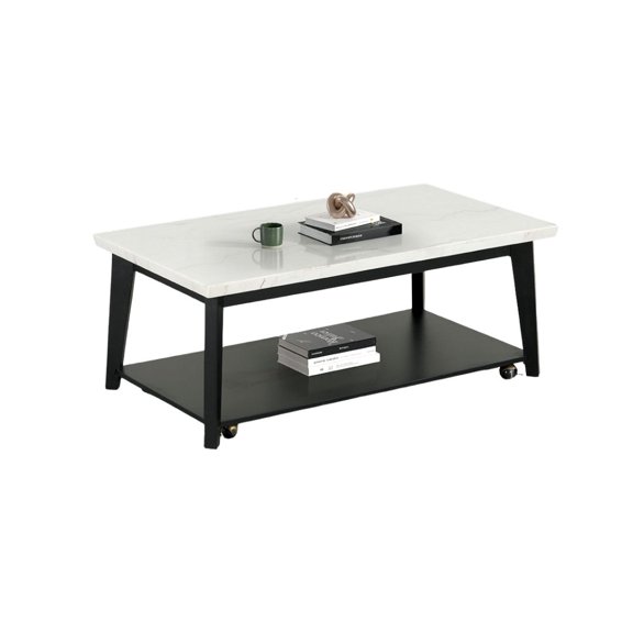 Contemporary Style Rectangle Coffee Table w/ Caster Marble Top Bottom Storage Shelf White And Black Finish