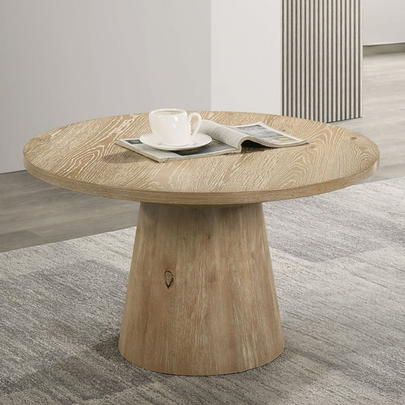 Contemporary Style Round Coffee Table With Cone Shape Pedestal Base Rubberwood Structure Oak Finish
