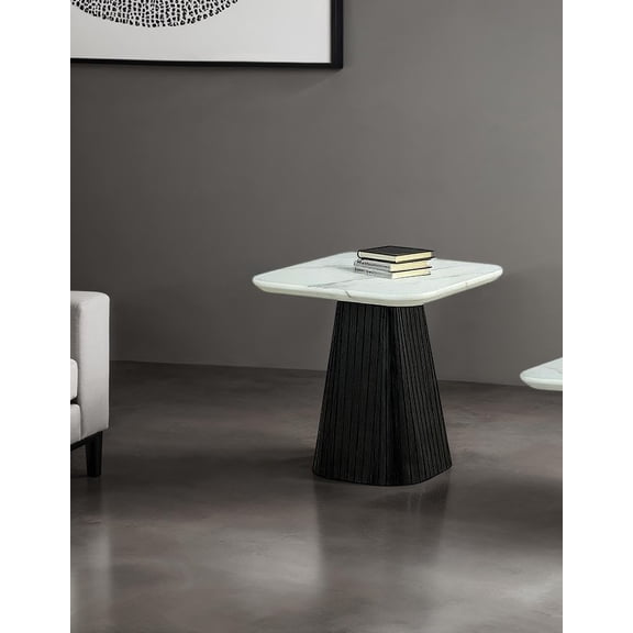 Contemporary Style Square End Table Faux Marble Soft Curved Edges Top Black Finish Primary Living Room