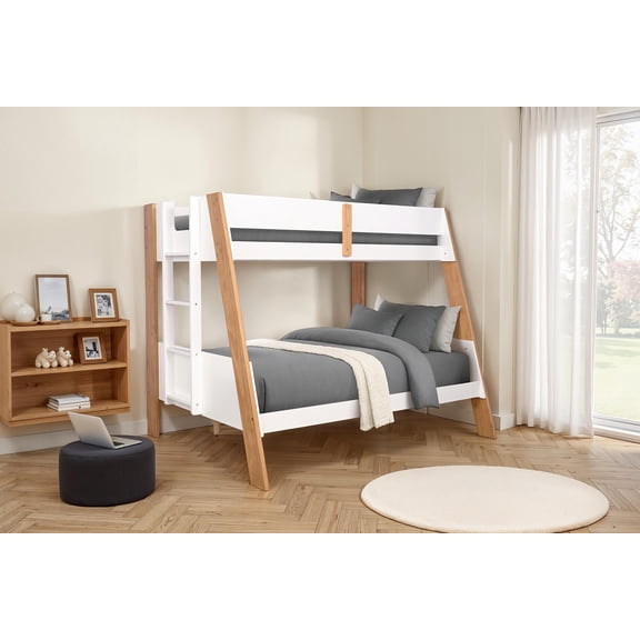 Contemporary Style Twin Over Full Bunk Bed Lock Joint Attached Ladder Side Rails Natural White Finish Bedroom Furniture