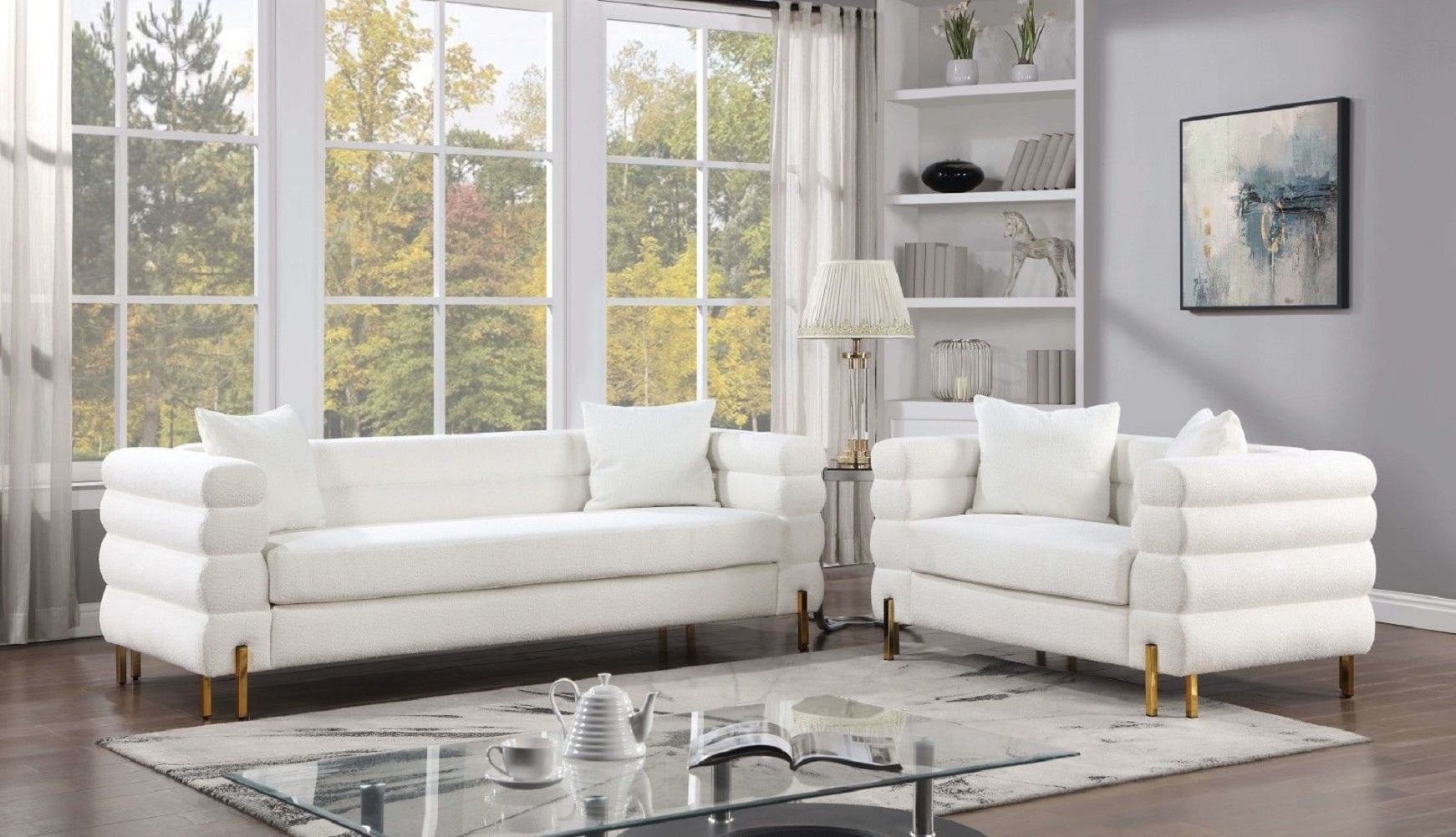 Luxurious White Boucle Fabric Sofa and Loveseat Set with Gold Legs