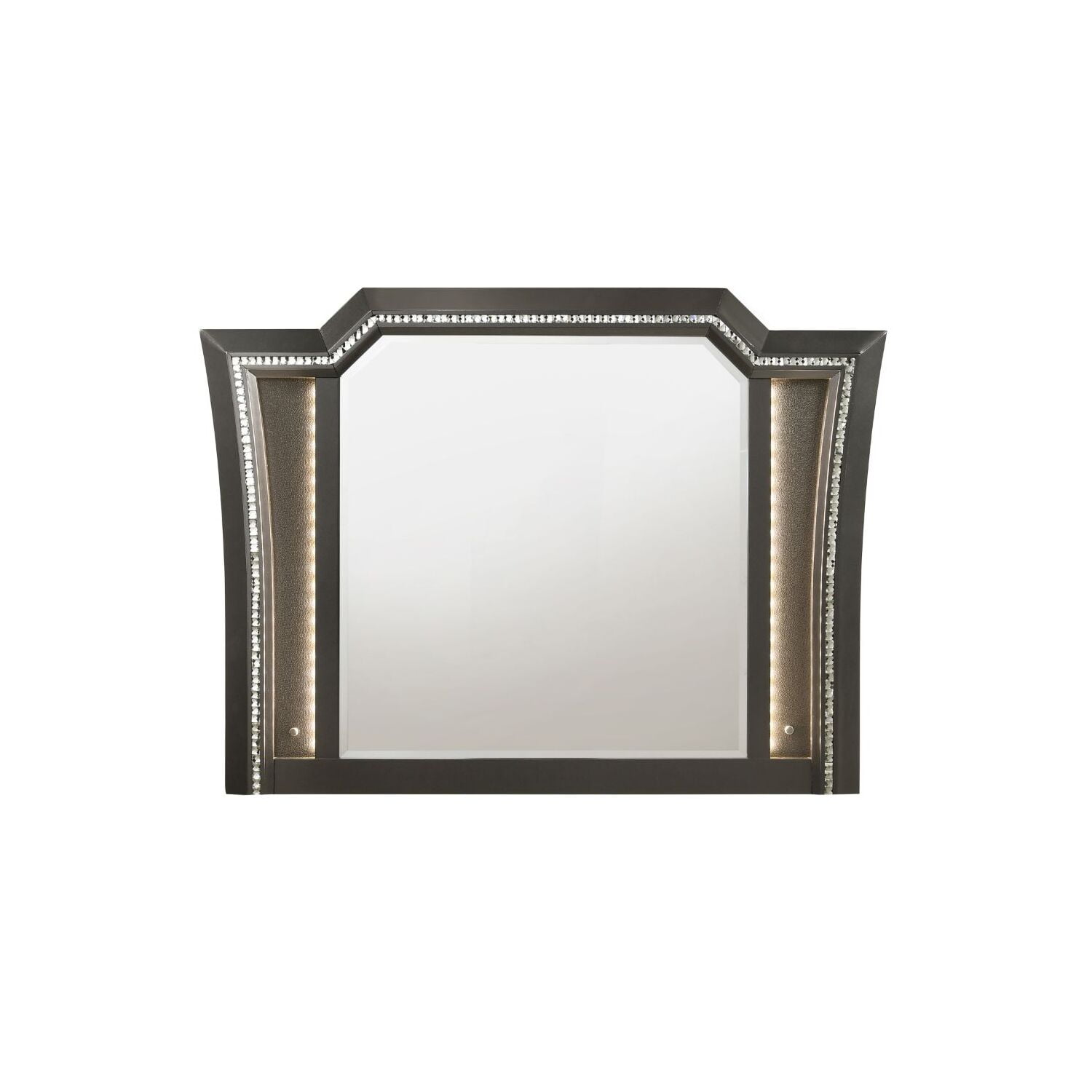 Gray Rectangular Wood Mirror with LED Lights and Crystal Trim