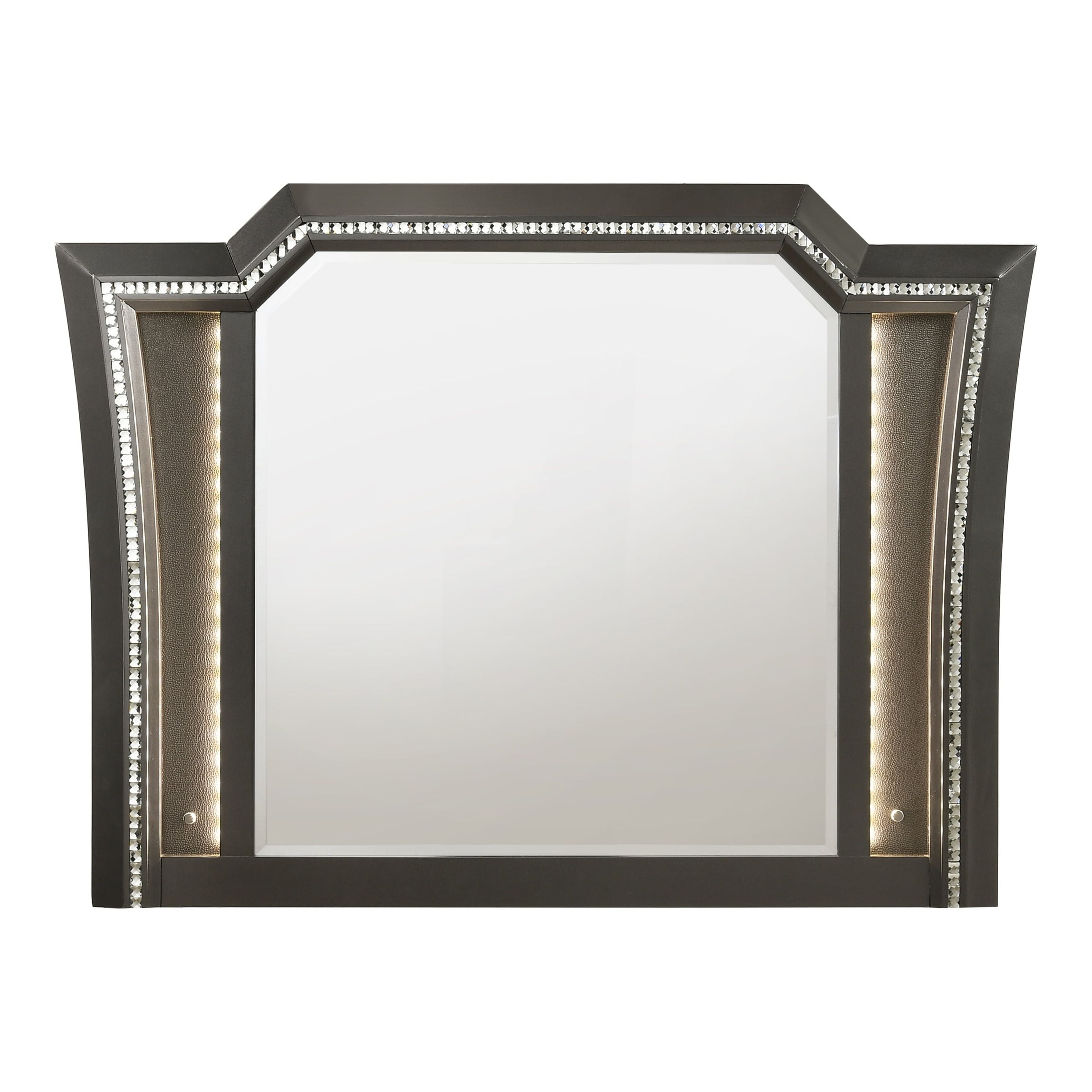 Gray Rectangular Wood Mirror with LED Lights and Crystal Trim