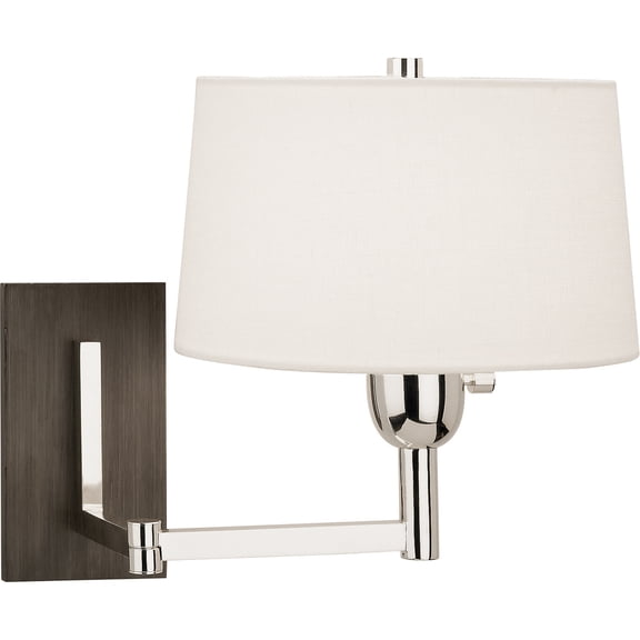 Contemporary Swing-Arm Wall Sconce Bedside lamp Lighting Fixture - Silver Plate Finish with Weathered Ebony Wood & Off-White Linen Shade - 1 Bulb, Dimmable, UL Listed for Dry Location