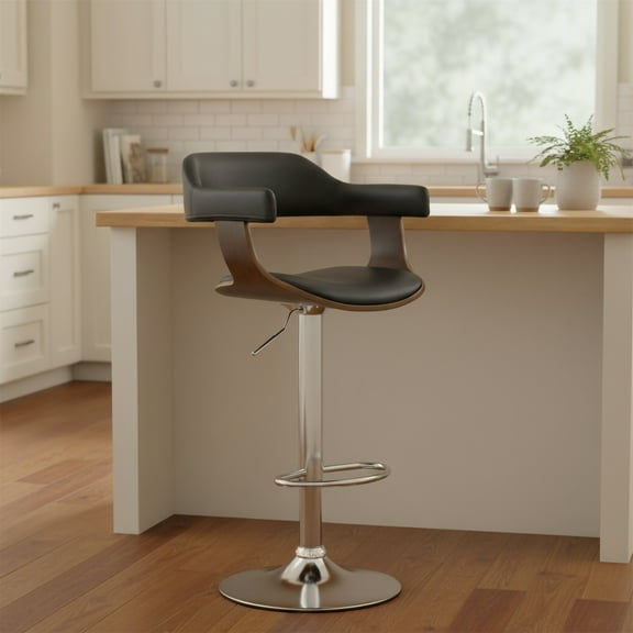 Contemporary Swivel Adjustable Barstool with Padded Armrests, Weathered Oak