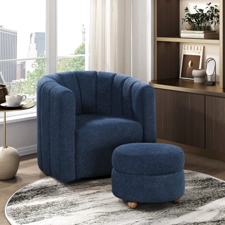 Contemporary Swivel Chair With In Blue Boucle, 32" Package Depth Boucle Fabric & 360° Rotation, Home Furnishing