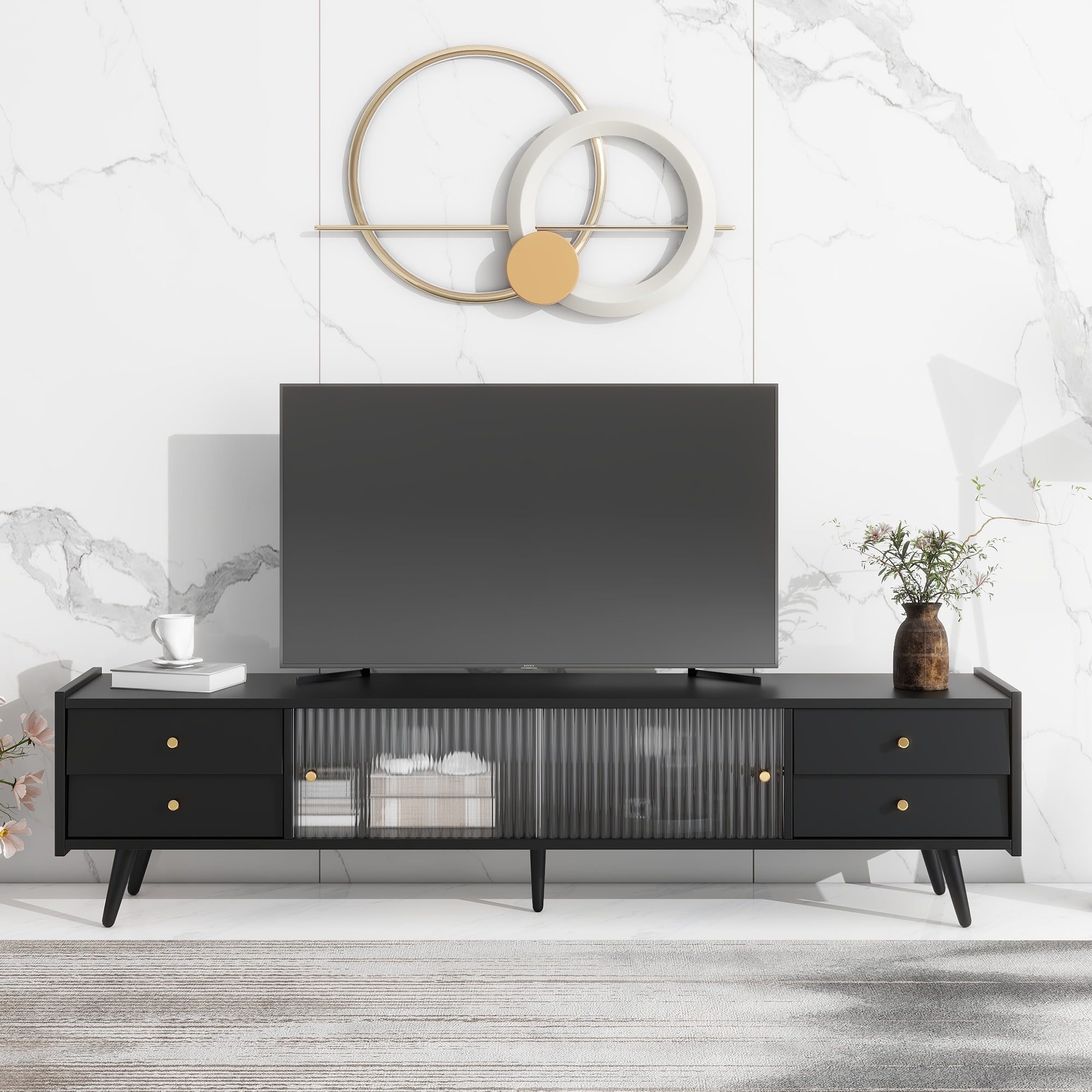 Contemporary TV Stand with Sliding Fluted Glass Doors, Slanted Drawers