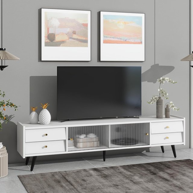 Contemporary TV Stand with Sliding Fluted Glass Doors, Slanted Drawers