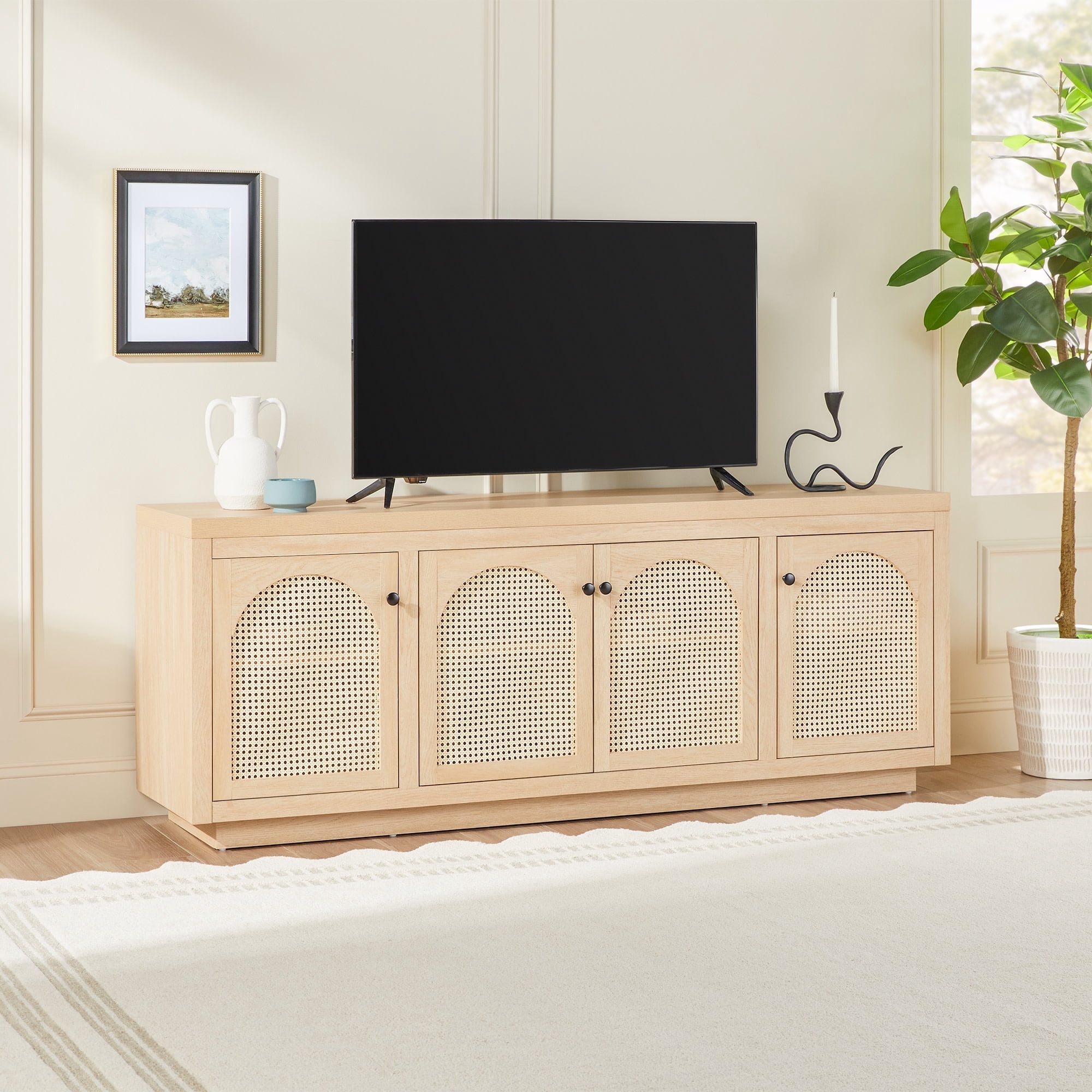 Contemporary TV Stand and Sideboard with Rattan Doors for up to 80" TV Coastal Oak