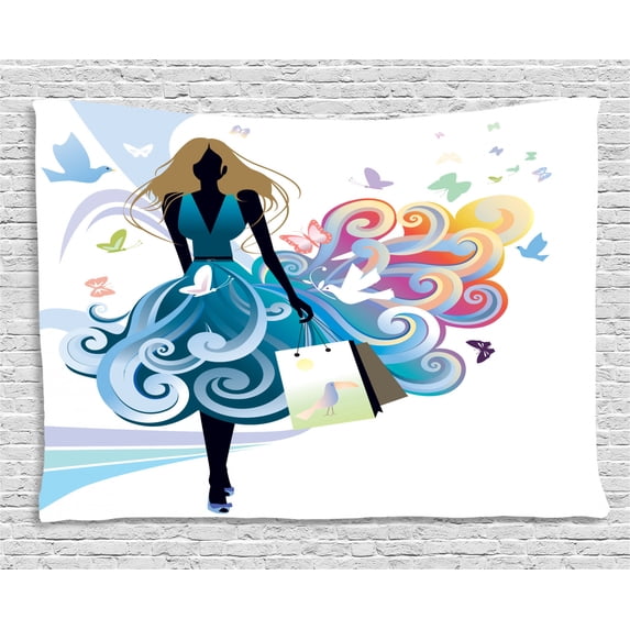 Contemporary Tapestry, Young Woman Silhouette with Shopping Bags Fantasy Skirt Butterflies Fashion, Wall Hanging for Bedroom Living Room Dorm Decor, 60W X 40L Inches, Multicolor, by Ambesonne