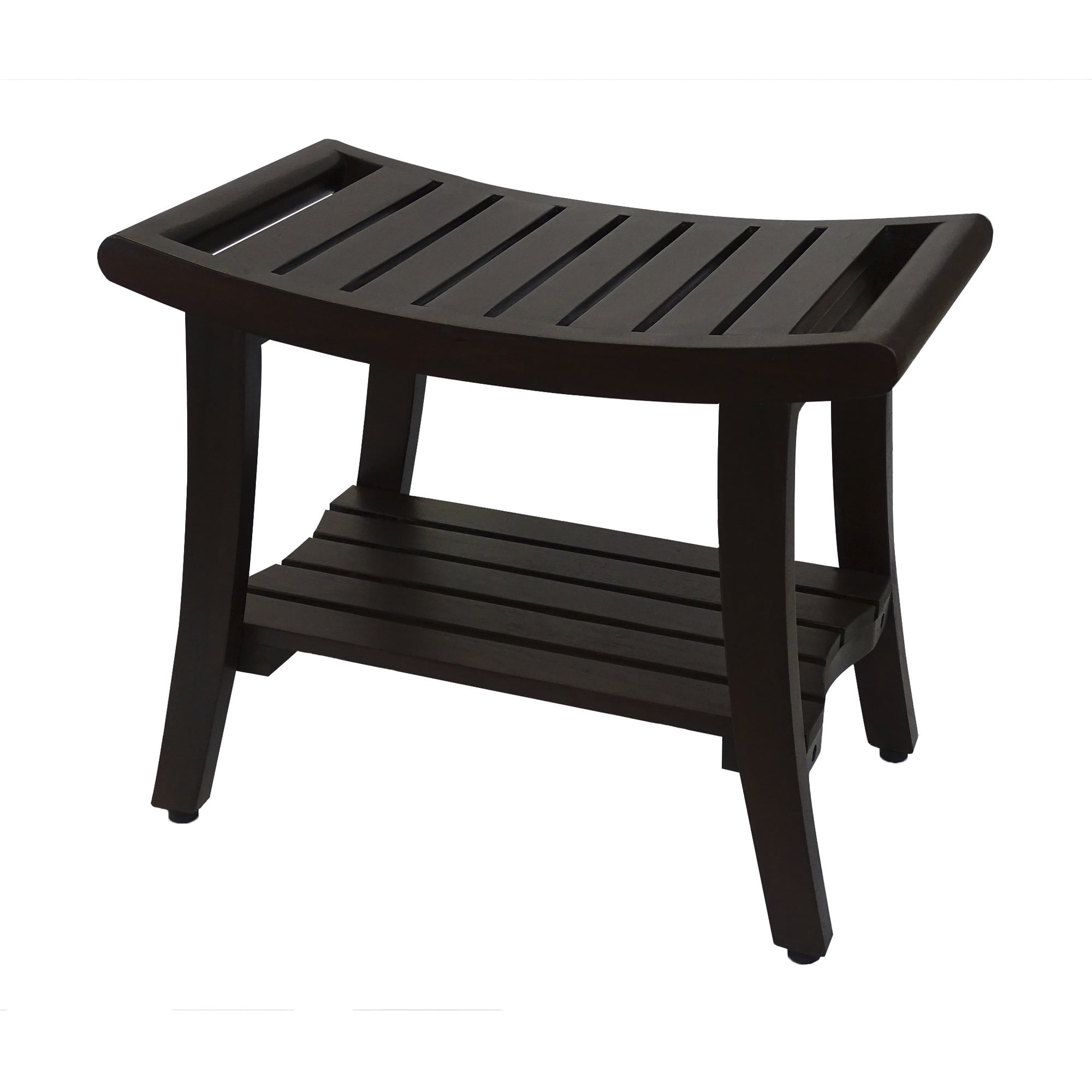 Contemporary Teak Shower Bench with Shelf and Handles in Brown Finish Contemporary Teak Shower Bench with Shelf and Handles in Brown Finish