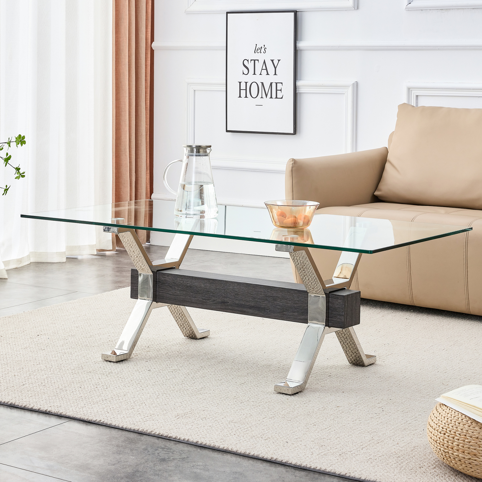 Contemporary Tempered Glass Coffee Table with Electroplated Metal Legs