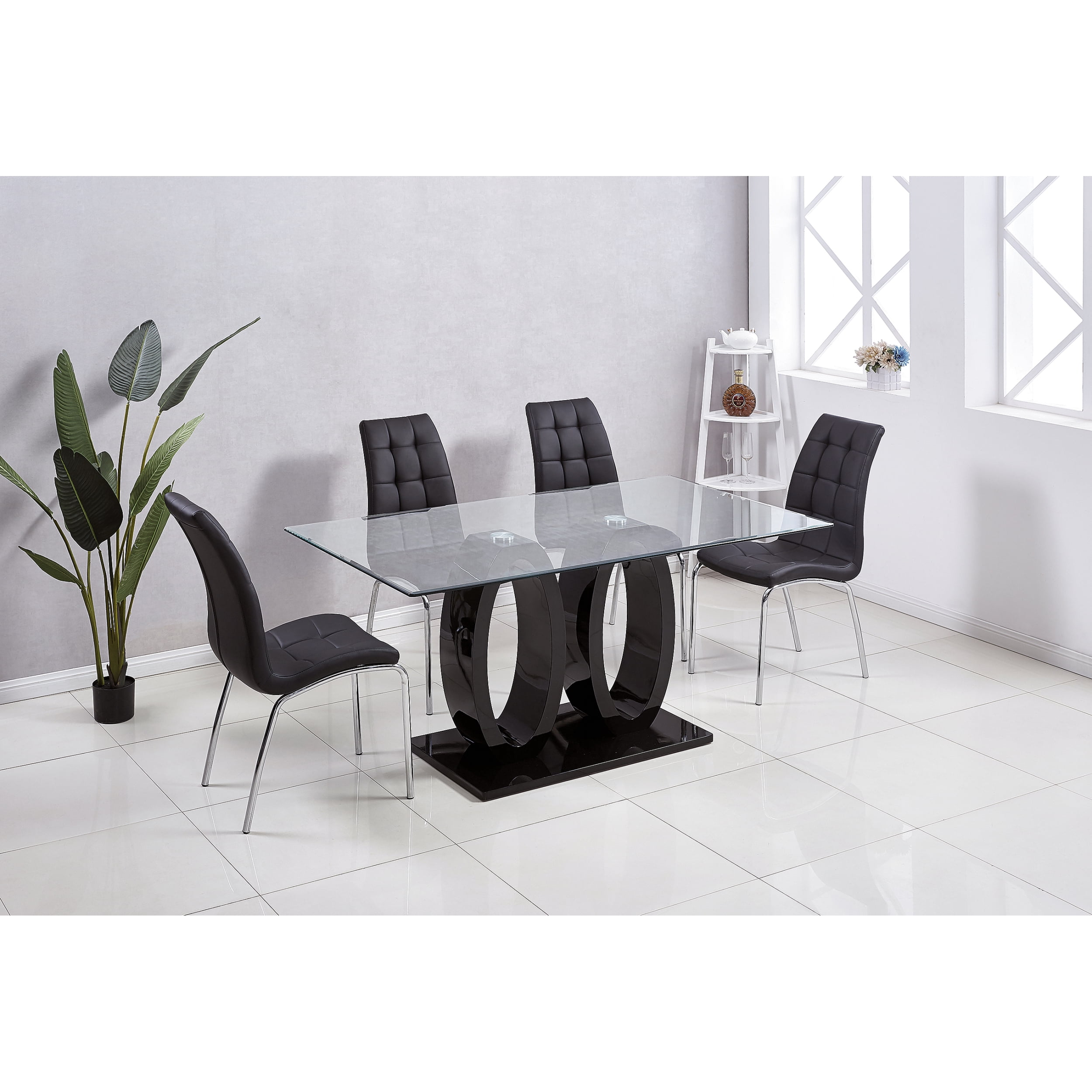 Contemporary Tempered Glass Top Double Pedestal Dining Table, Size 63" X 35.4" X 29.5" (Black or White)