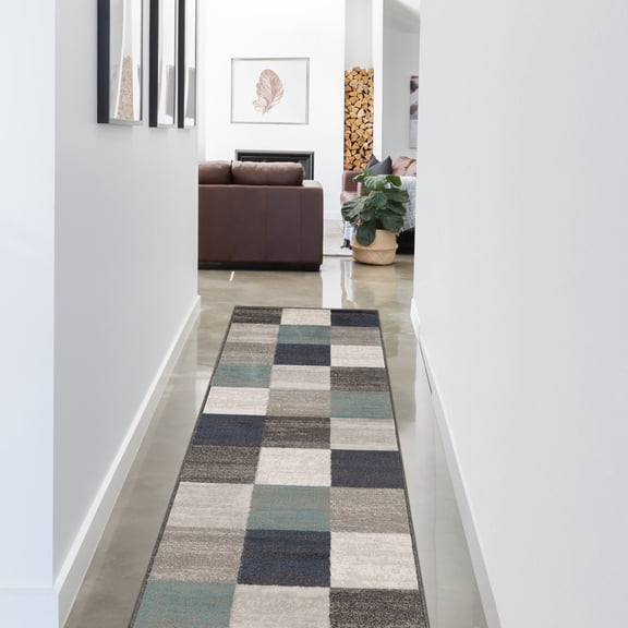 Contemporary Tile Plush Polypropylene Indoor Runner Rug, 2'7" x 8', Rivulet